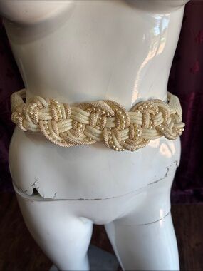 Cream Braided Rope Waist Belt W/ Faux Pearls accents - Small Women's Accessories